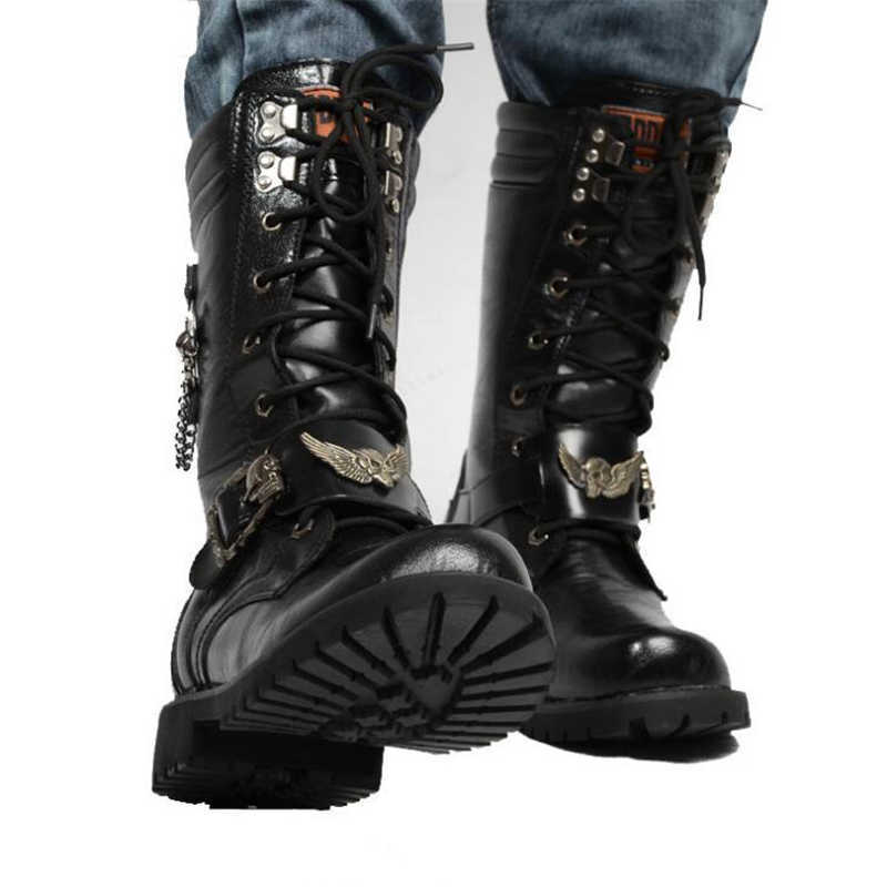 

Boots Fashion Men Motorcycle Cool Skull Combat Army Punk Goth Biker Leather Shoes High Top Casual Boot T221101, Black
