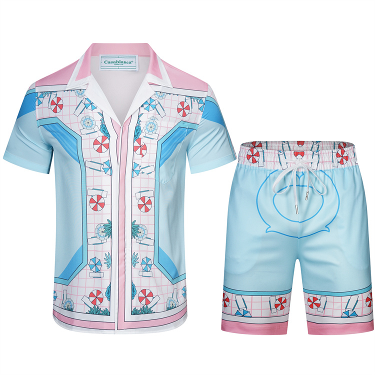 

Casablancss 23ss sport knit rabbit silk men designer shirts Hawaiian short sleeved shirt & shorts set