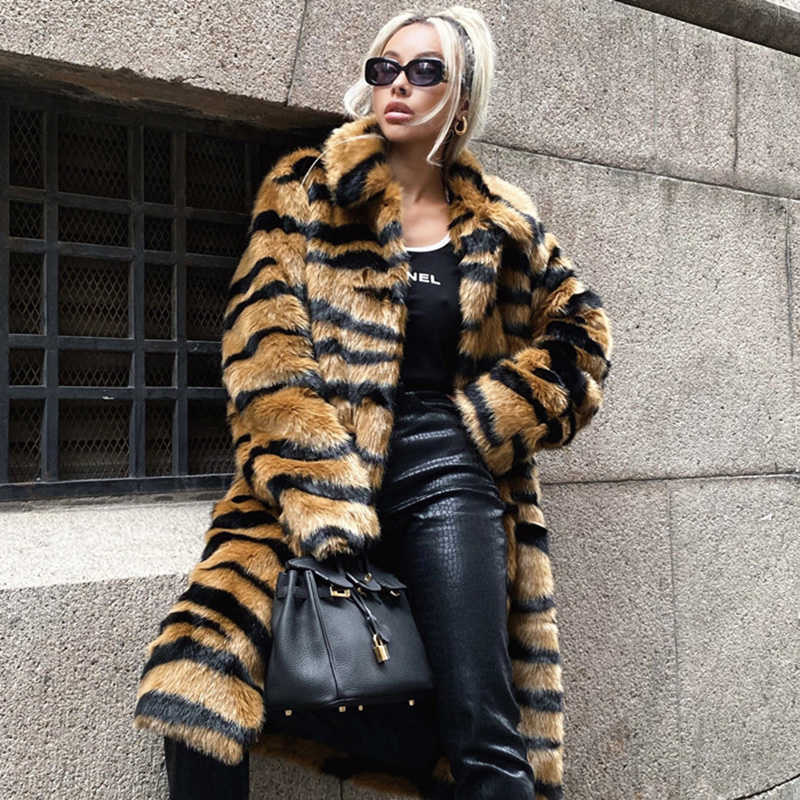 

Women's Fur Faux Coat Winter Ladies Thick Long Turn Down Plush Warm Rabbit Fleece Jacket Teddy Woman 2022 New T221102, Tiger print fur