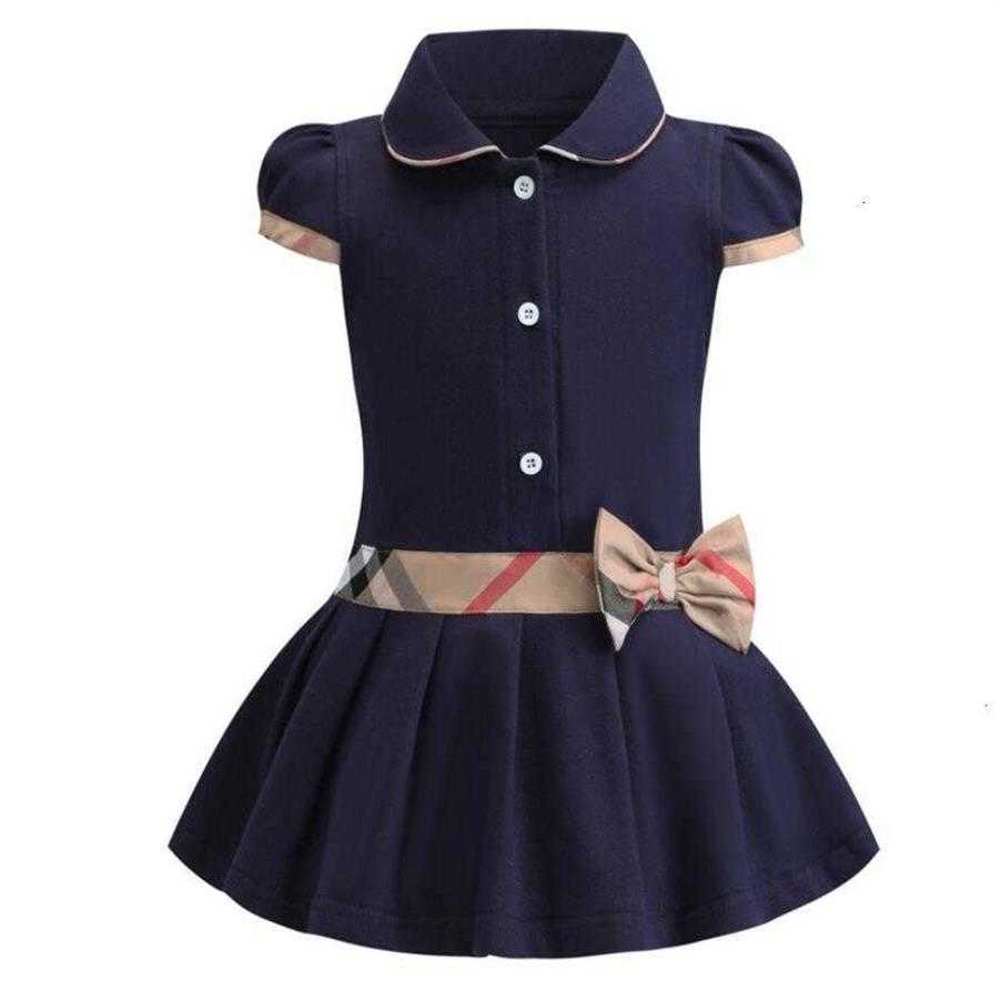 

Girls Dress Kids Baby Lapel College Wind Bowknot Short Sleeve Pleated Polo Shirt Skirt Children Casual Designer Clothing Kids Clot, Navy