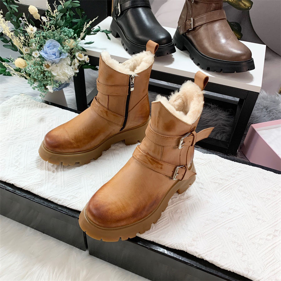 

cotton womens shoes snow boot uGGity women Boots Designer leather Martin bootss fashion thickened belt buckle sheep fur integrated shoe, Black