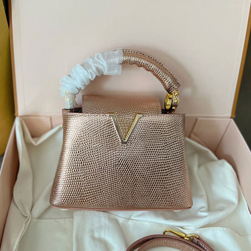 

Designer Bags Totes Shoulder Women Crossbody Bag Capucines Handbag Small Tote Lizard Grain Leather Letter Hardware Removable Strap Internal Lettering Lady Purse, Gold
