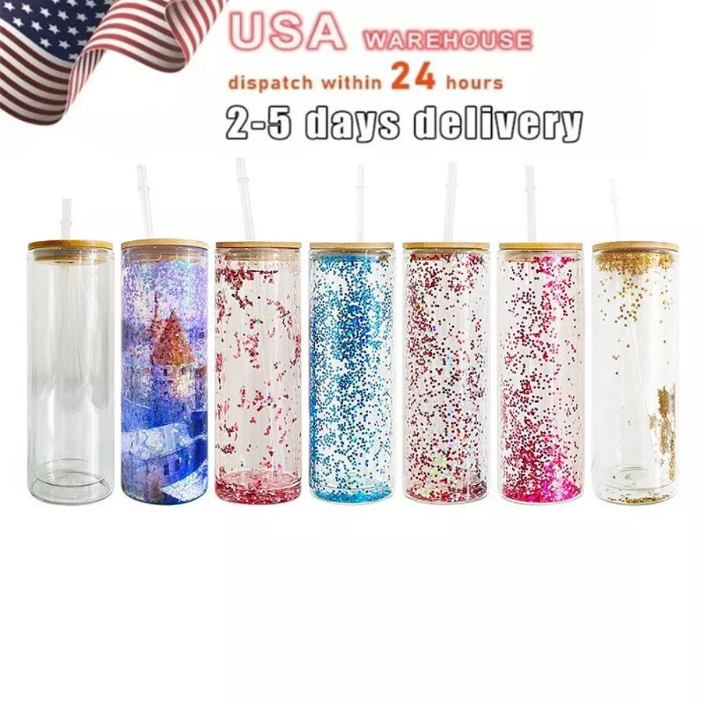 

USA Warehouse Sublimation Mugs 25oz Glass Tumbler Juice Can Double Wall Mug Snow Globe with Bamboo Lid Plastic Straw Cup With Hole wly935, Custom