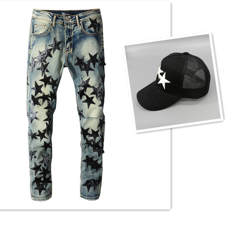trucker cap star ball caps with mens jeans slim stretch pants fashion trouses-image-852610336
