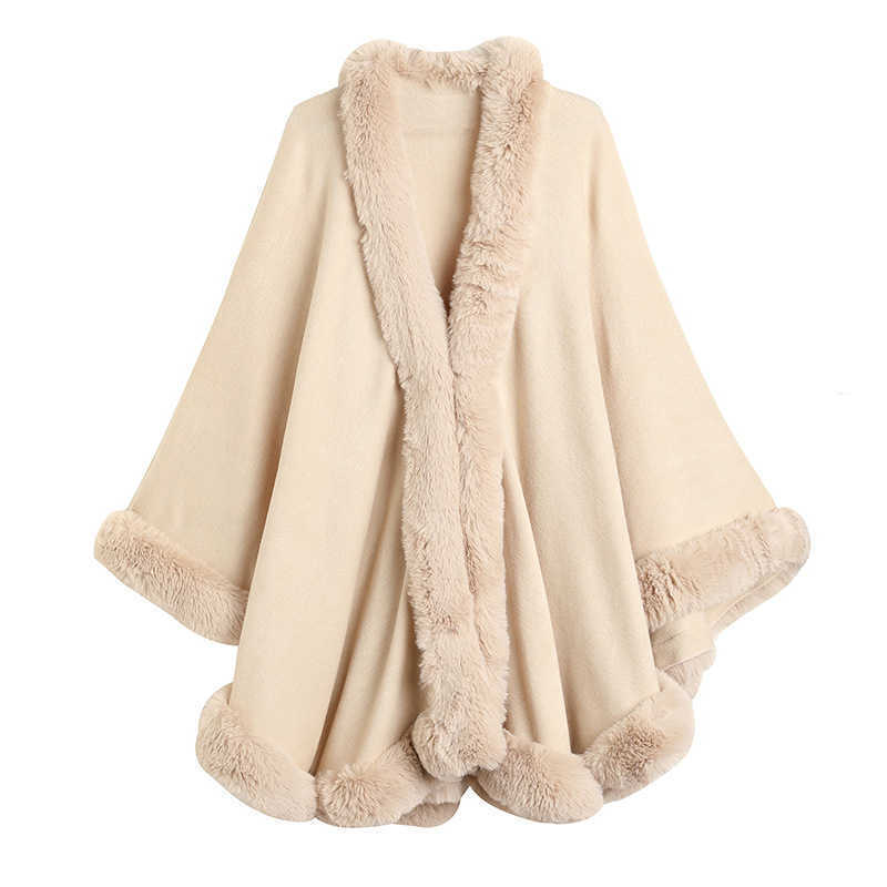 

Women's Fur Faux Elegant V Lapel Rex Rabbit Coat Cape Winter Big Long Shawl Full Trim Knitted Cloak Overcoat Parka 2022 Clothes T221102, Beige
