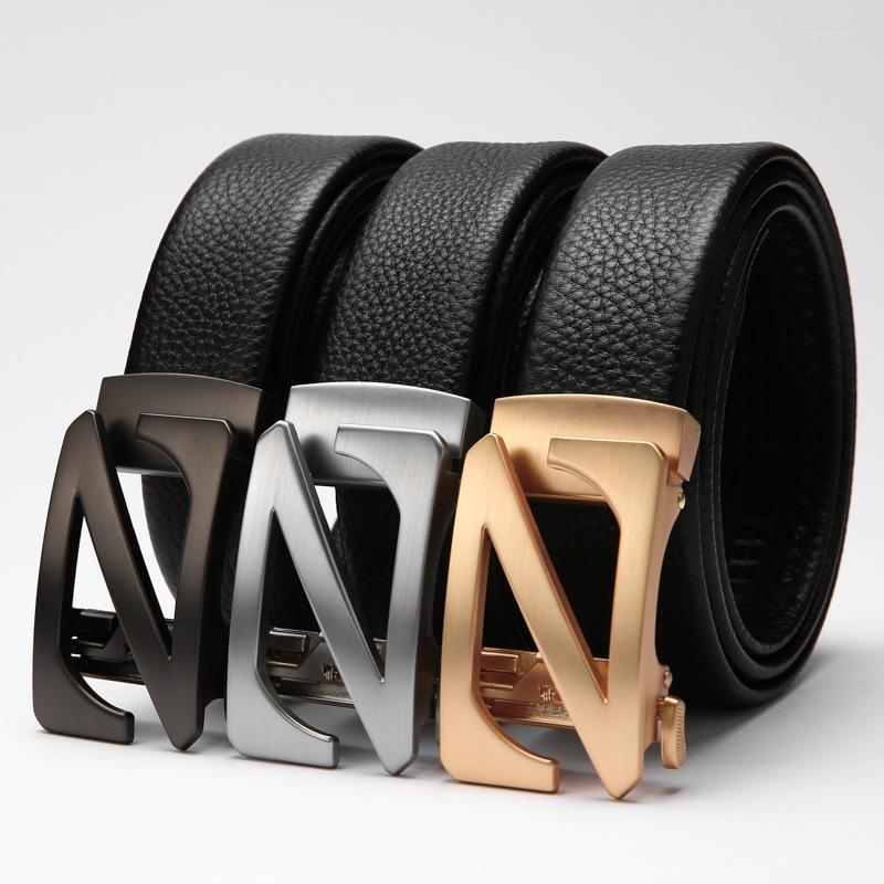 

Belts Style Full-Grain Leather Z Lettered Belt Men's Automatic Checkoff Simple Waistband Youth Casual Pants, Gold