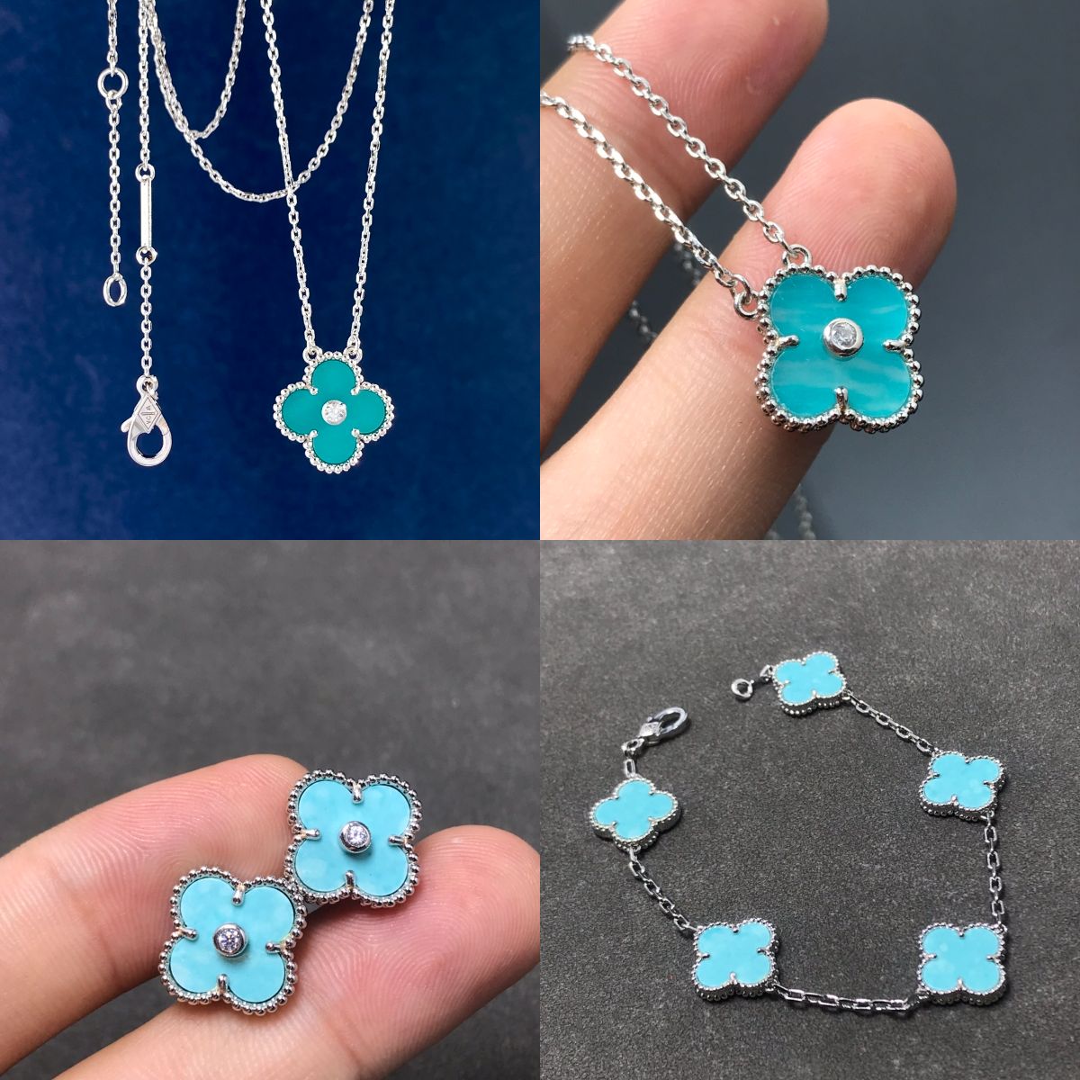 

New designed Earrings Dangle women's light blue Turquoise four Clover with diamonds Lucky Necklace Bracelet Christmas style Gift Designer Jewelry