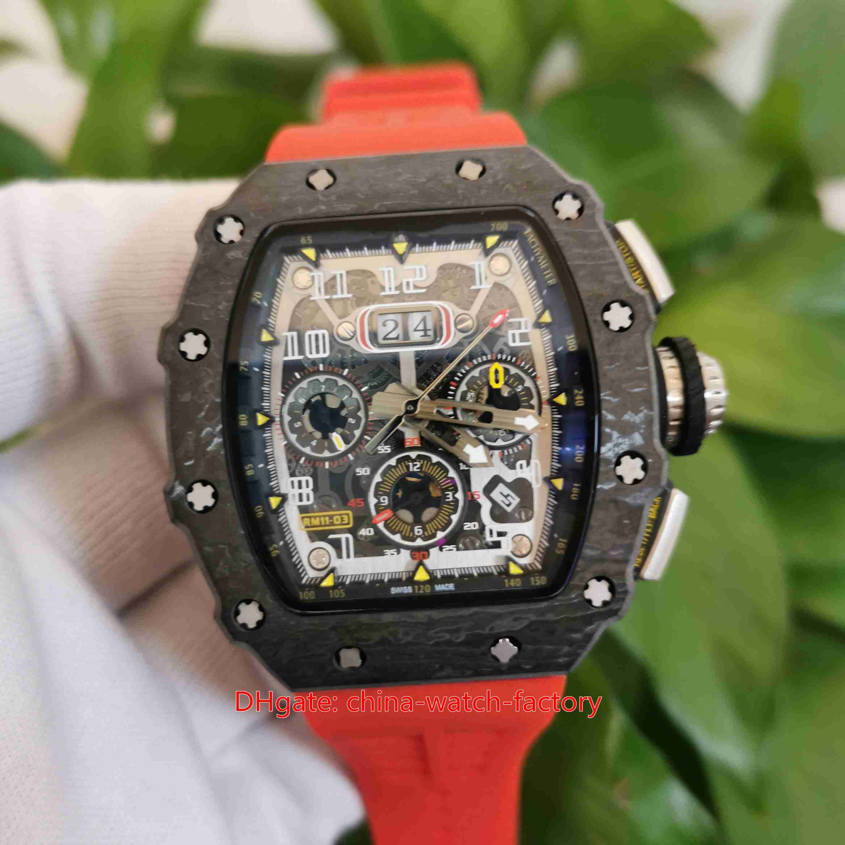 

New Chronograph mechanical wrist watches rm11-03 Excellent Mens Skeleton Carbon Fiber Red Rubber Bands Sapphire Transparent Mechanical Automatic High-quality, With box papers