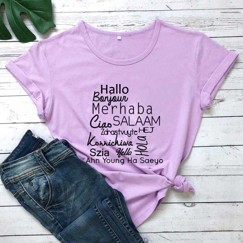 

Hello World Languages Tee T-shirt Womens Traveler Shirt Bonjour Ciao Hallo Hola, Color14