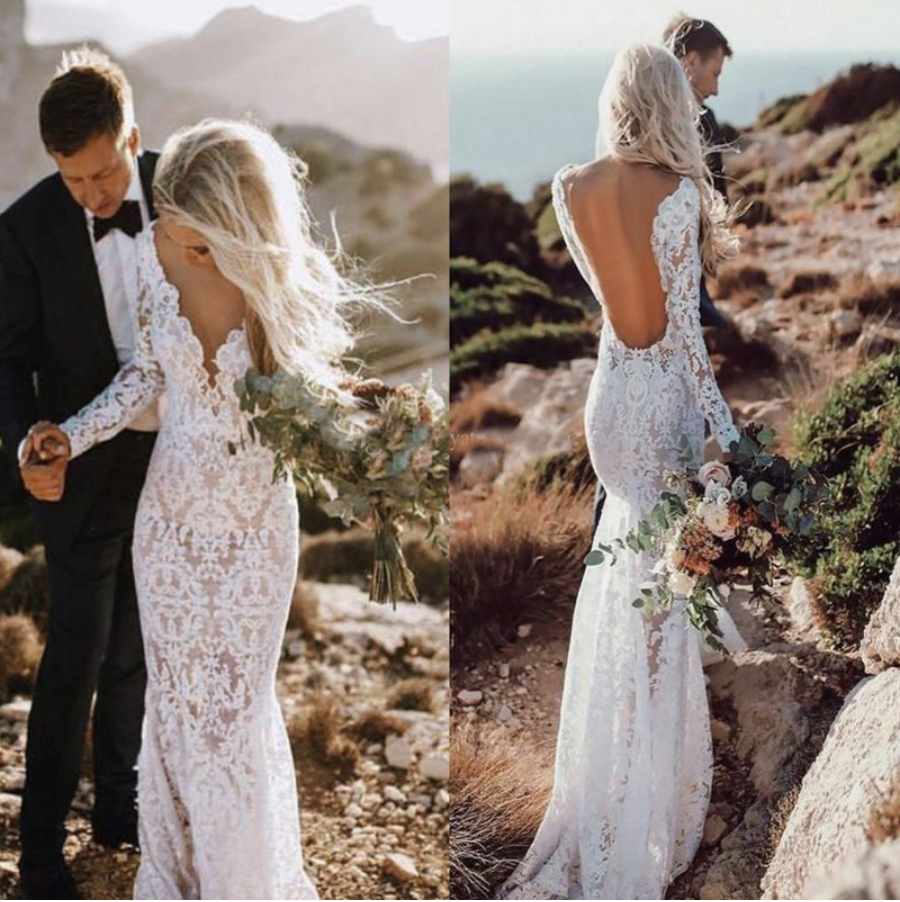 Robe de mariée style Boho, style sirène, dos nu, en dentelle, manches longues, sur mesure