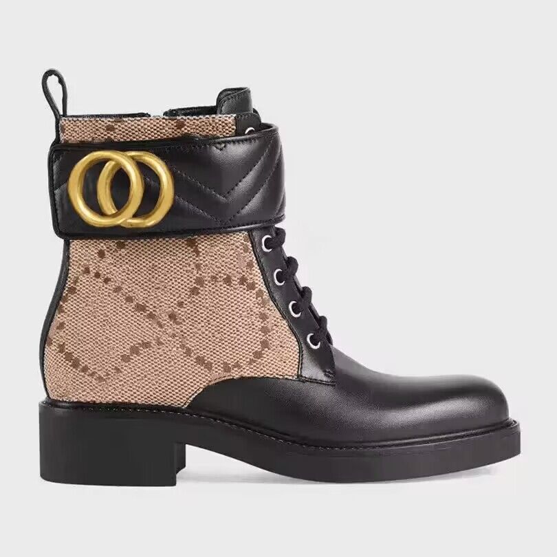 

Autumn Winter Fashion Boots Lace up Woman zipper Flat Ankle Boot Metal Travel Belt Leather Lady Letter Black Soft Cowhide Women Designer Shoes Size 35-41-42 With box, Black+chain