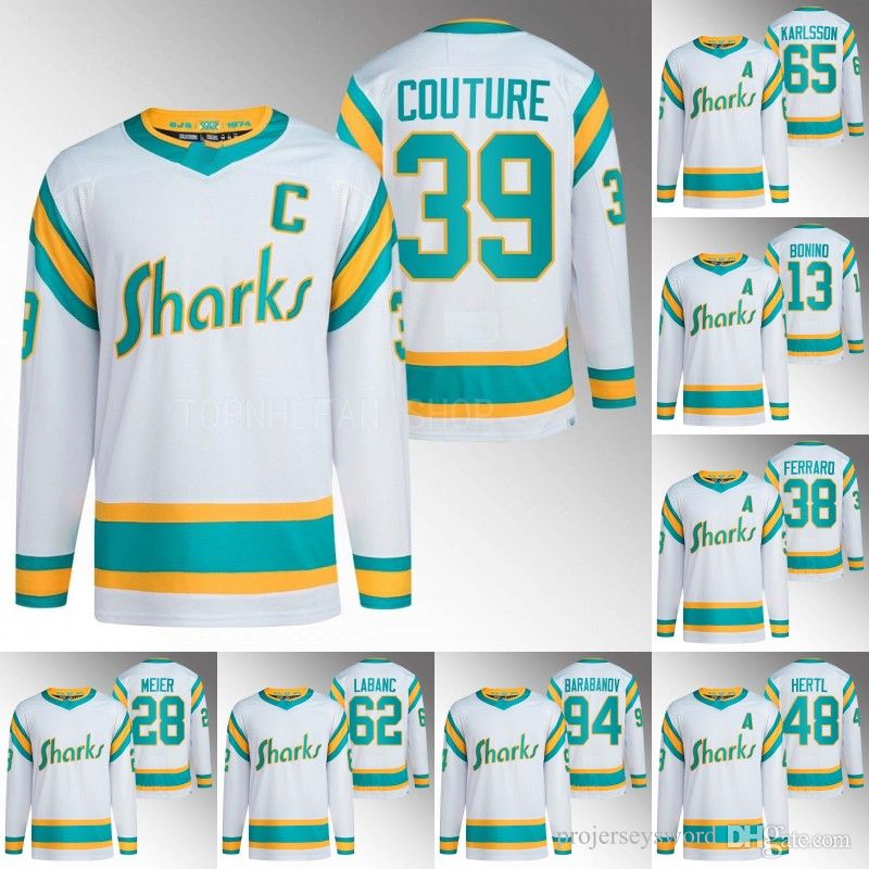 

CUSTOM #39 Logan Couture Sharks 2022 Reverse Retro Jersey Nick Bonino Timo Meier Ferraro James Reimer Tomas Hertl Radim Simek Erik Karlsson, 13 nick bonino