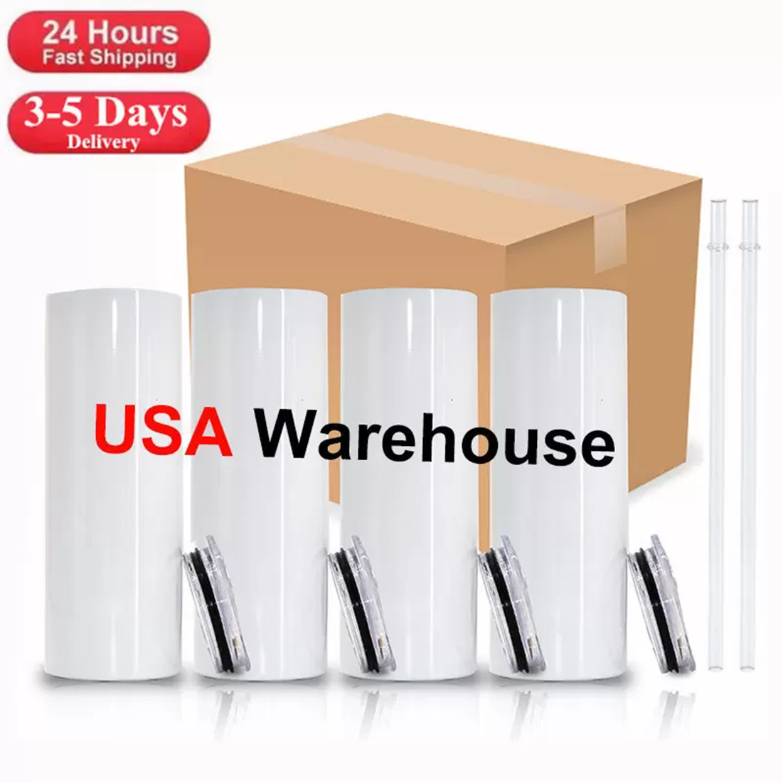 

US Local Warehouse 20oz Sublimation tumblers straight blanks white 304 Stainless Steel Vacuum Insulated tapered Slim DIY 500ML Cups Car Coffee Mugs with Straw Lids