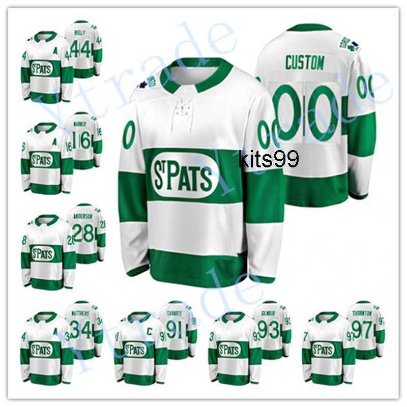 

Custom Mens 2021 St. Pats Auston Matthews John Tavares Hockey Jersey Green Throwback Joe Thornton Mitch Marner Morgan Rielly joey anderson, As