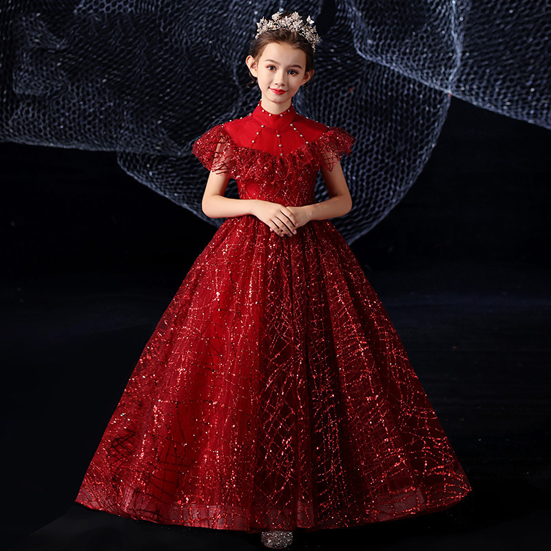 Flower Girls' Dresses Sequin Burgundy Baby Velvet beaded sequined Flowers Dress sweep train Dresses Bow Puffy First Communion Christmas gown-image-814522031