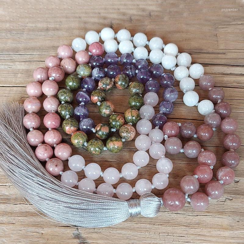 

Chains Lepidolite Rhodonite Rose QuartzS AmethystS Unakite 108 Mala Necklace Healing Pregnancy Fertility Meditation Yoga Gifts