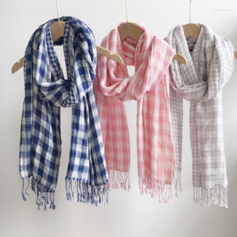 

Scarves 2022 Autumn And Winter Cotton Double-Sided Plaid Warm Scarf Japanese Design Pure Women Tassel