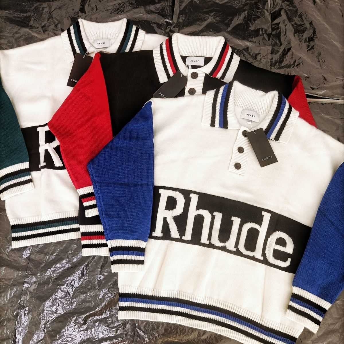 

Men's Sweaters Trendy Brand Rhude Jacquard Letter Contrast Collar Button Polo Sweater Loose Knit Coat W221103, Jg green