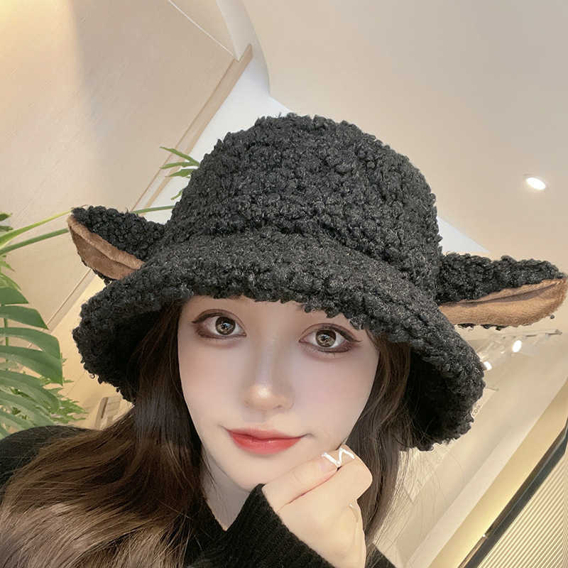 Brim s Stingy Autumn Winter New Pink Ear Lamb Children's Sweet and Cute ins Net Red Same Cold Keeping Fisherman's Hat 1103