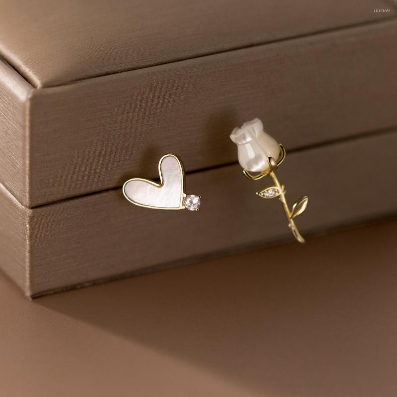 

Stud Earrings Real 925 Sterling Silver Retro Shell Heart & Rose Romantic Jewelry For Women Valentine's Day Birthday Gifts