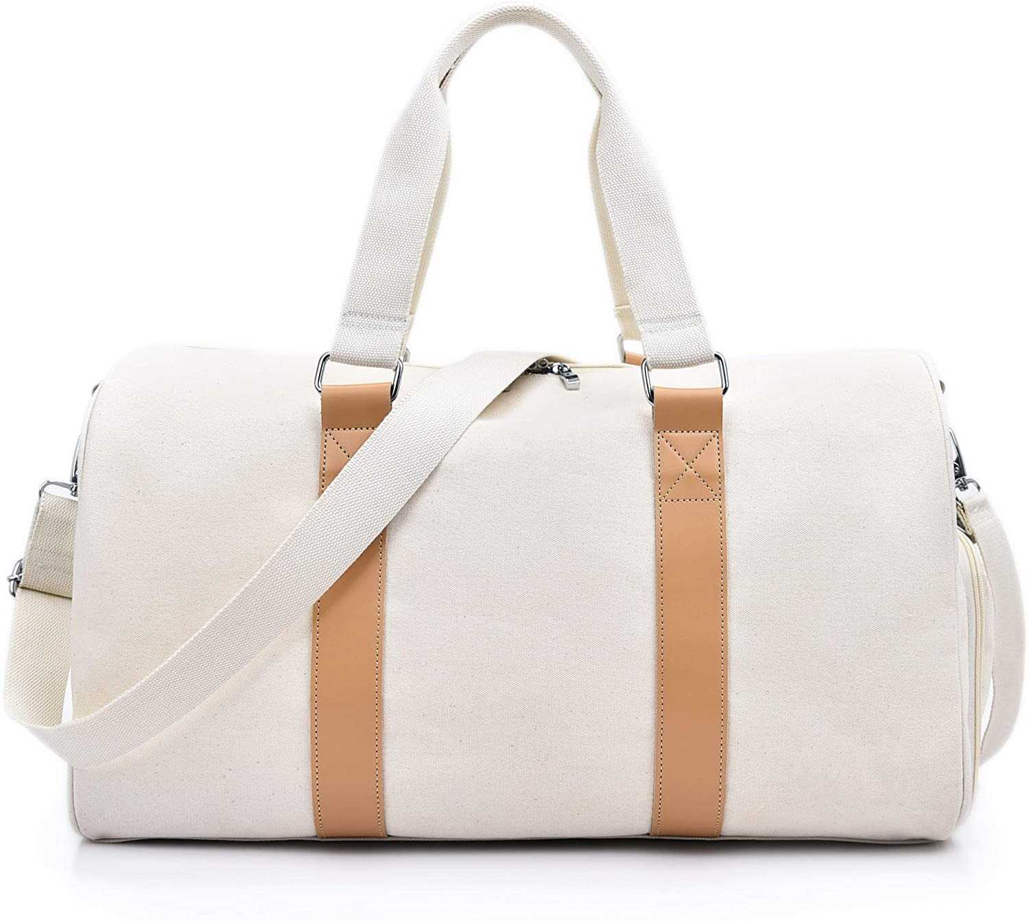 

Free Sample Weekender Duffle Bag Canvas Overnight Carry on Luggage Travel Beach Gym Hospital Duffel Tote, Beige