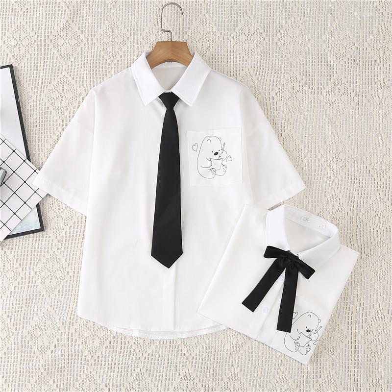 

Women's Blouses Fashion Summer Blouse Pocket Bear Women White Shirt Turndown Collar Female Short Sleeve Tops JK Preppy Style Uniforms Tie, White tops