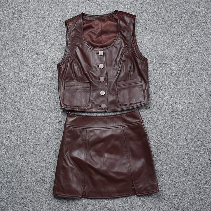 

Women's Leather 2022 Arrival Women Fashion Short Genuine Vest Brief Skirt Real Suit, Black