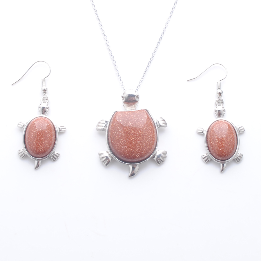 

Trendy Necklace Earrings Lucky Jewelry Sets for Women Mother Gift Golden Sand Stone Tortoise Dangle Pendant Chain 45cm Q3103, White