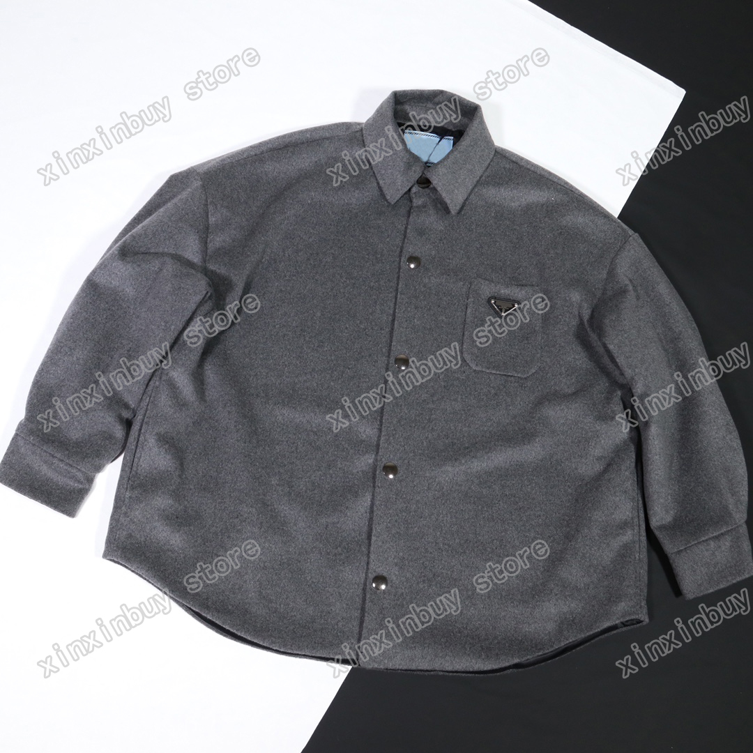 

xinxinbuy Men designer Coat Jacket Metal triangle label Wool Blend long sleeve women gray Black white khaki M-3XL