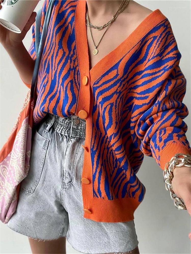 

Women' Sweaters Autumn Printed Elegant Women Cardigan Irregular Striped Patchwork V-neck Knitwears Female Winter Casual Long Sweater, Green