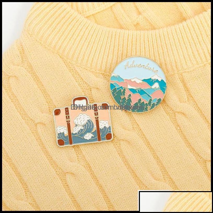 

Pins Brooches Pins Brooches Jewelry Outdoor Adventure Travel Bag Shape Unisex Circle Mountain Tree Wave Clothes Badges Alloy Oil Pa Otmib