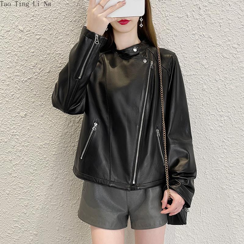 

Women's Leather 2022 Genuine Sheepskin Jacket Slim Motorcycle Real H12, Black