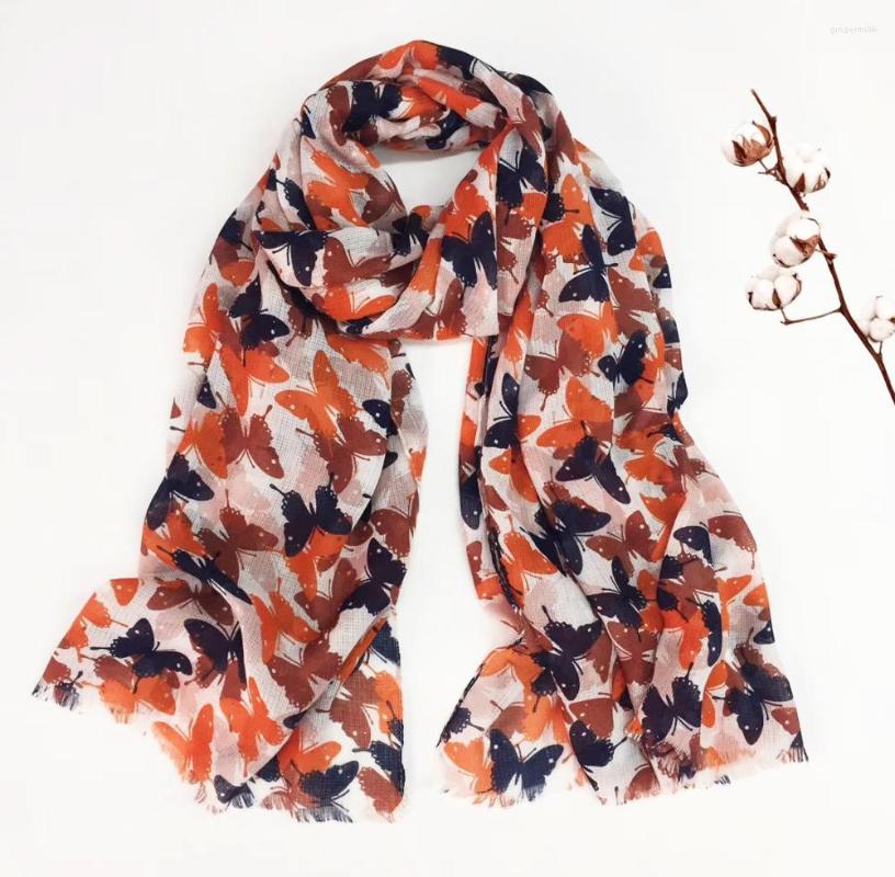 

Scarves 2022 Fashion Cotton Beautiful Butterfly Print Fringe Shawls Long Soft Animal Wrap Scarf Hijab Echarpe