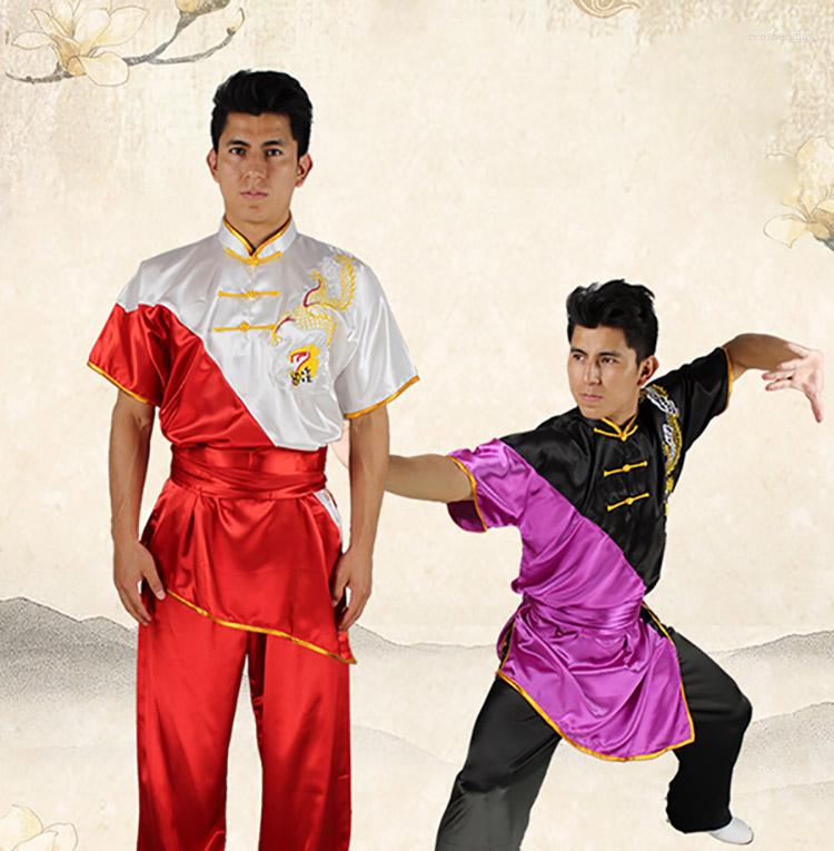 

Ethnic Clothing Unisex Double Colors Taiji Short Sleeve Embroidered Dragon Wushu Clothes Competition Show Changquan Jacket Pants