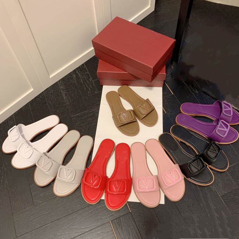 

New Flat Slippers Open Toe Flat Sandals Genuine Leather Foreign Trade Large Slipper Home Women's Shoes with Box and Dust Bag 35-42, Red