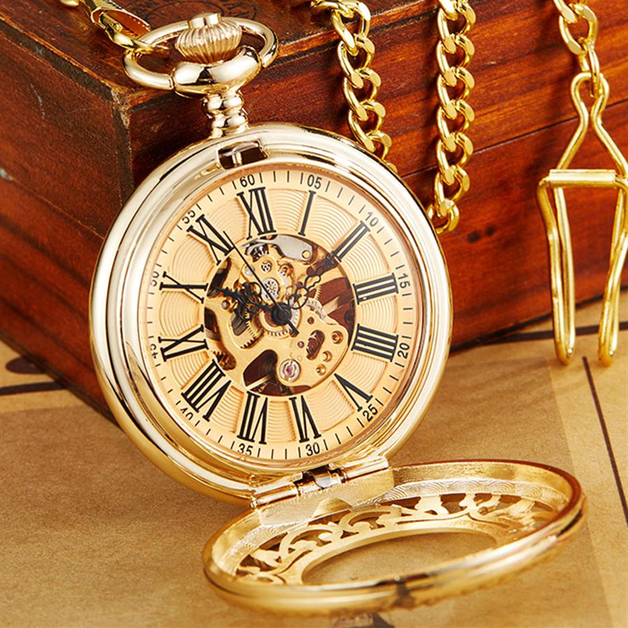 

Antique Gold Mechanical Pocket Watch With Chain Steampunk Skeleton Hollow Hand-winding Pendant Clock Men Women Gold Bronze Gift296f, Gold pocket watch
