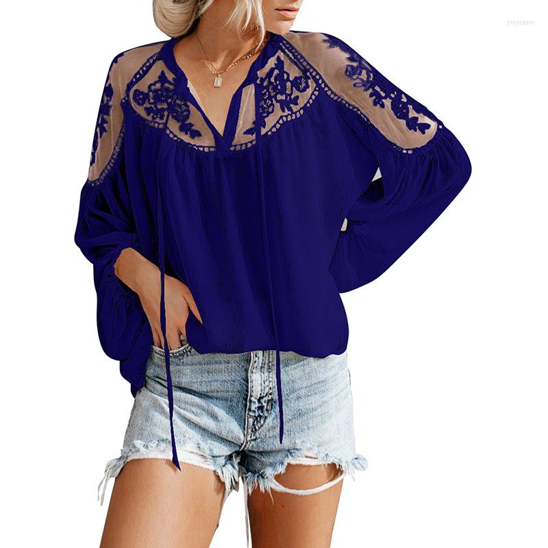 

Women' Blouses Women Chiffon Blouse Shirts Solid Loose Lace Lantern Long Sleeve Tops, White