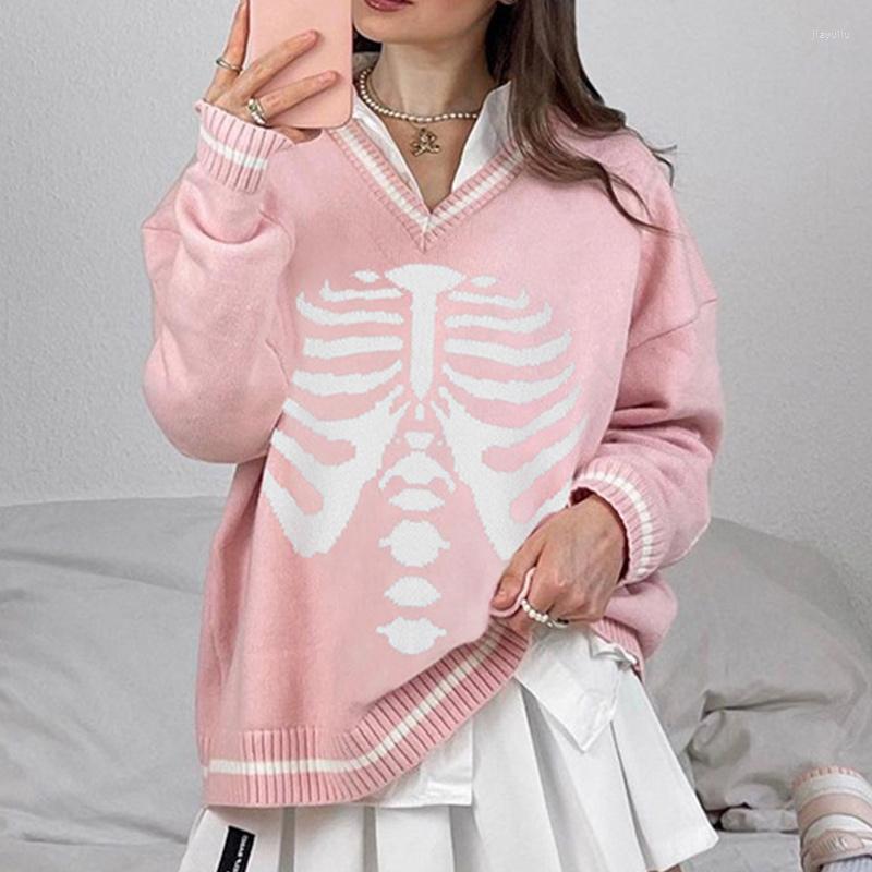 

Women' Sweaters Skull Print Knitted Women' Sweater Pullover V-neck Long Sleeve Autumn Causal Female Street Ladies Knitwear Jumpers, Pink