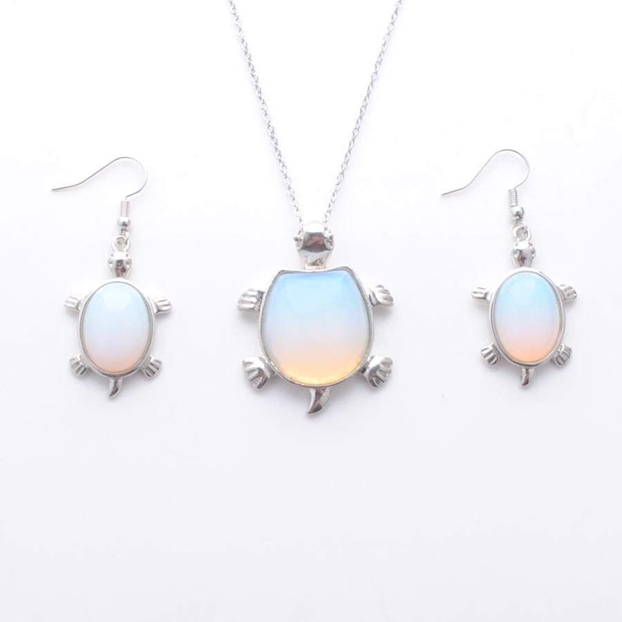 

New arrivals Jewelry Sets Dangle Earring Pendant For Woman Gift Tortoise Natural Opal Stones Beads Silver Chain 45cm Q3106, White
