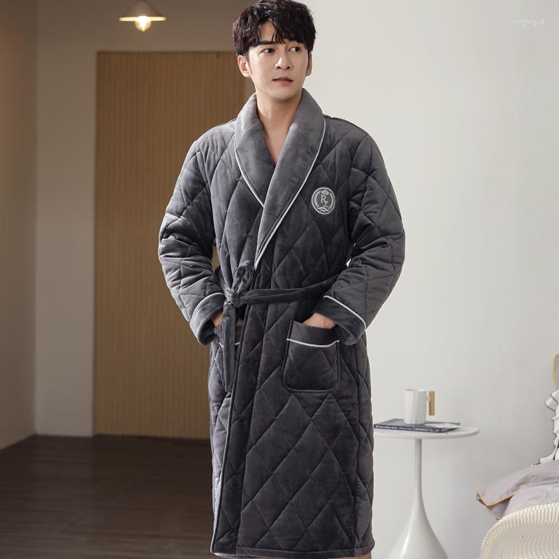 

Men's Sleepwear Men Winter 3 Layers Coral Feece Quilted Robe Solid Long Sleeve Kimono Bathrobe Gown Casual Home Clothes Male Sleep Wear, 1993