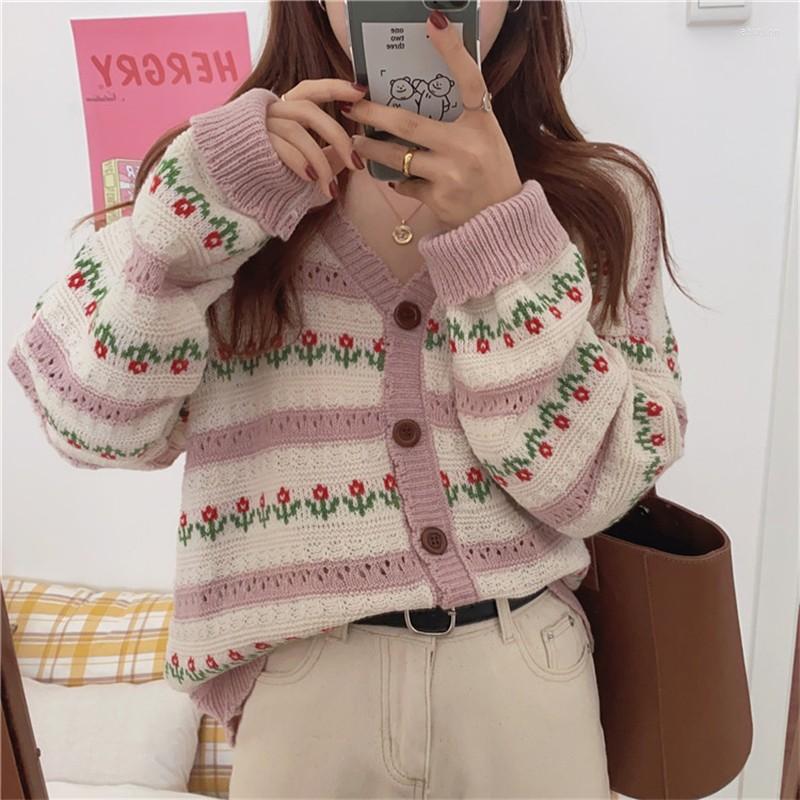 

Women's Knits Ladies Floral Knit Cardigan Korean Style Hollow Design Sweater Niche Sweet Cool Loose Retro Striped Lace Jacket, Black