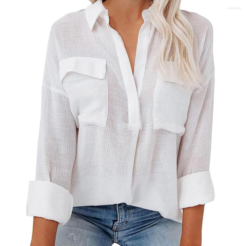 

Women's Blouses Tops Blouse Fashion Women Shirt Blusas Turn-down Collar Slim Fit Button Solid Tees Flap Pockets Tunic, Khaki