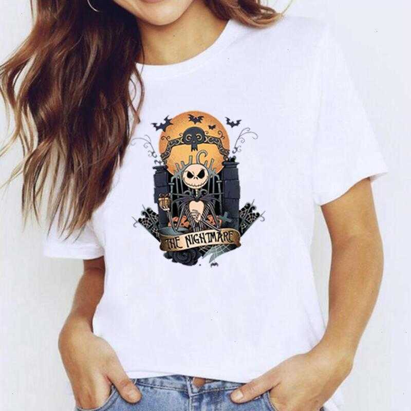 

Fashion Summer Short Sleeve Tee Shirt Femme Nightmare Before Christmas Print, White