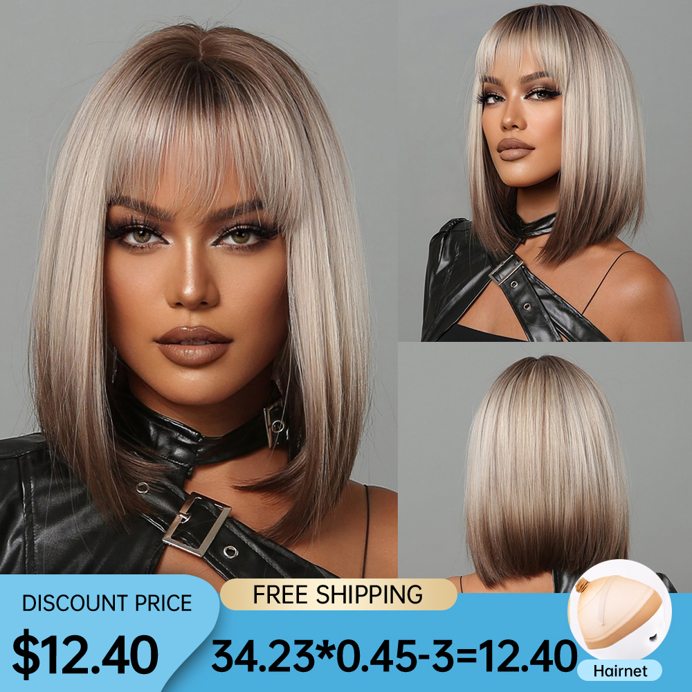 

Short Straight Synthetic Wigs for Women Blonde to Brown Ombre Bob Wigs with Bangs Daily Cosplay Party Heat Resistant Fake Hair, Wig-lc2067-1