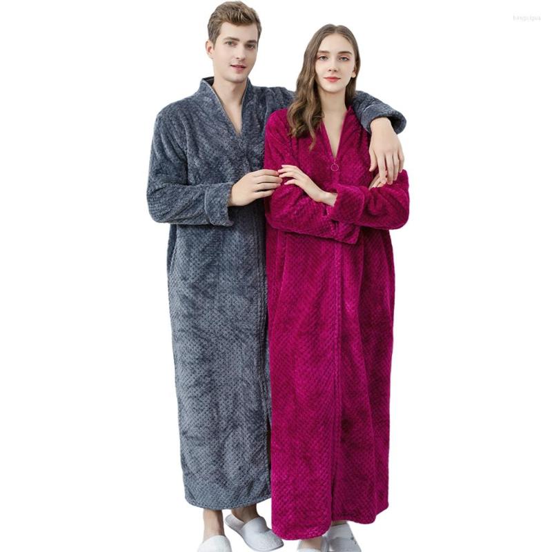 

Men's Sleepwear Women Men Flannel Bath Robe Couple Pajamas Long Zipper Nightgown Winter Thicken Warm Soft Female Drop, Woman blue