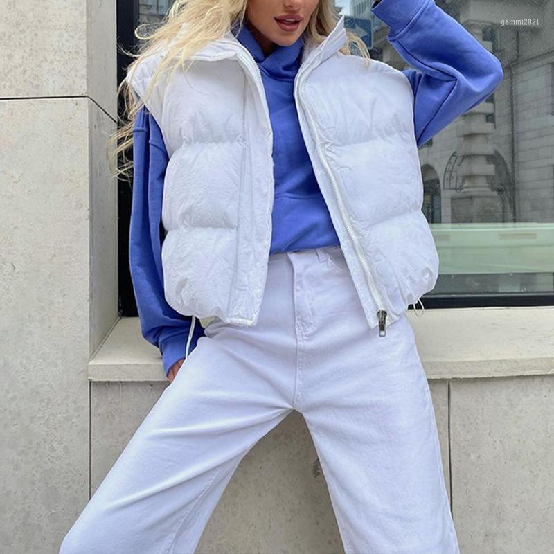 

Women' Vests OMSJ Autumn Lapel Collar Zipper Sleeveless Down Vest High Street Drawstring Solid Puffer Bubble Jacket Winter Cropped, Black