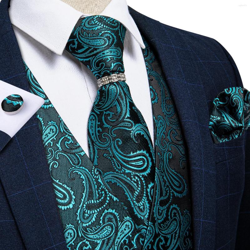 

Men' Vests Fashion Teal Blue Paisley Men Waistcoat Neck Tie Ring Set Silk Jacquard Wedding Suit Vest Casual Sleeveless Jacket DiBanGu, Mj-0107-jz-04