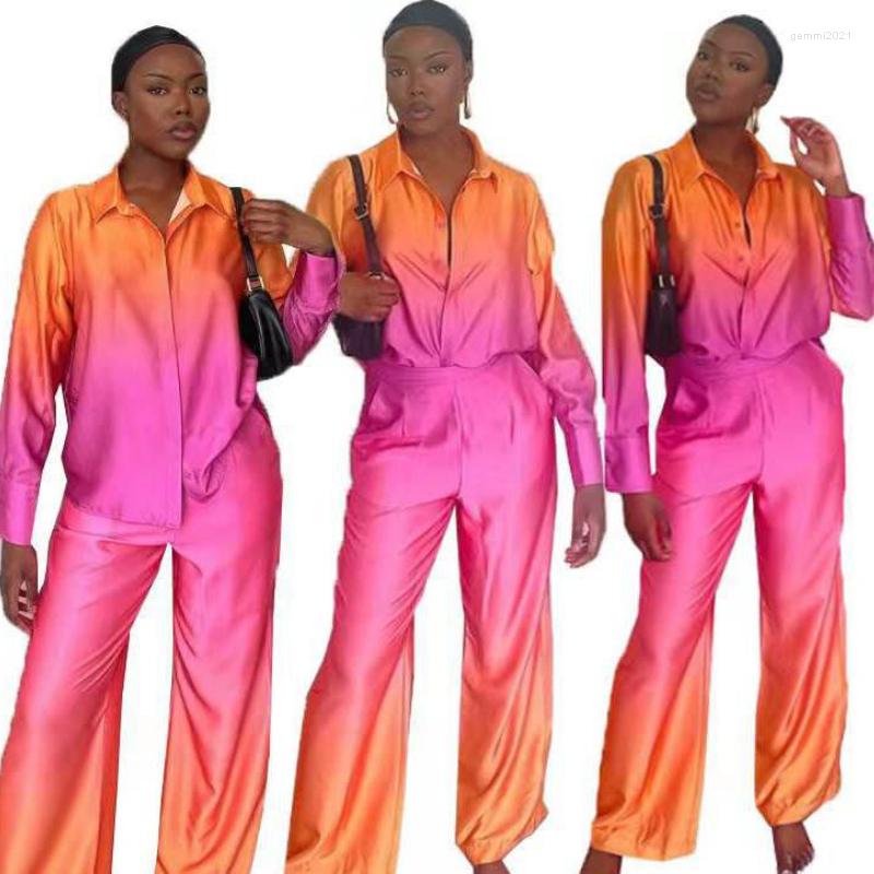 

Women' Two Piece Pants 2022 Women Pant Set Explosion Style European American Fashion Gradient Color Printing Shirt Long-sleeved Trousers, Pink