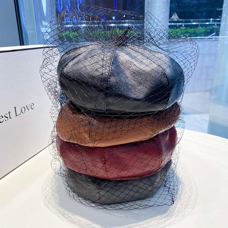 

Berets Fascinating Black Beret Hats For Women Chic Leather French With Veil Mesh Show Double Layer Beanie Caps Bonnet Femme Cap