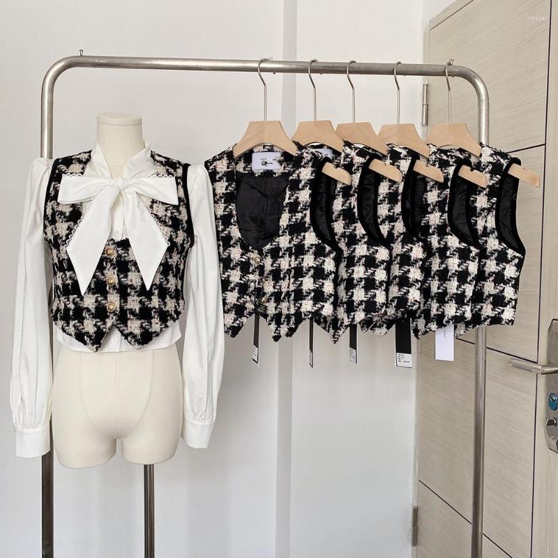 

Women' Vests French Style Spring Autumn Retro Houndstooth Woolen Short Vest Women V-neck Ol Outwear, Black